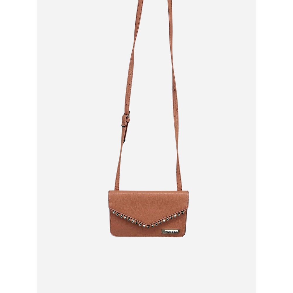 Tahari Mini Ball & Chain envelope crossbody bag in pink/salmon pebbled vegan